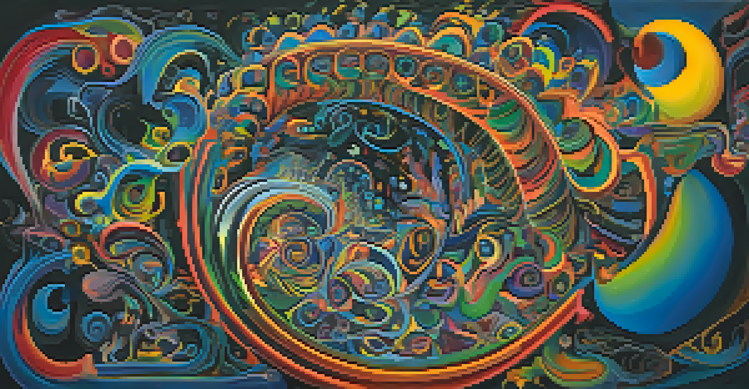 An abstract image depicting swirling colors and shapes representing the Ayahuasca experience, with nature and spiritual symbols.
