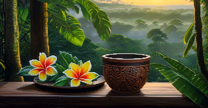 A peaceful Amazon rainforest at dawn with mist, featuring a clay cup of Ayahuasca brew and colorful tropical flowers.