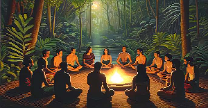 A tranquil scene of participants in an Ayahuasca ceremony, seated in a circle in a lush jungle with warm lighting.