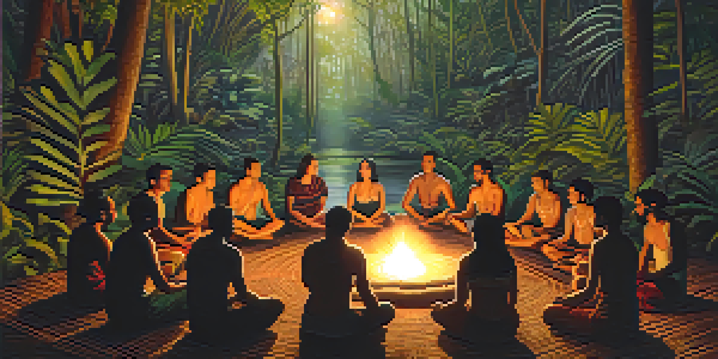 A tranquil scene of participants in an Ayahuasca ceremony, seated in a circle in a lush jungle with warm lighting.