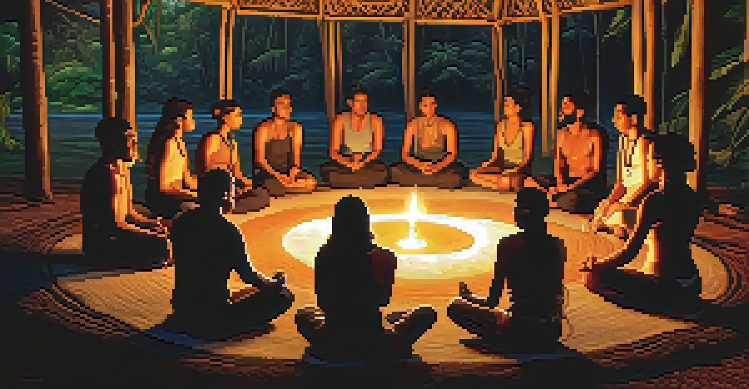 A circle of diverse individuals in an ayahuasca ceremony, illuminated by candlelight in the Amazon rainforest.