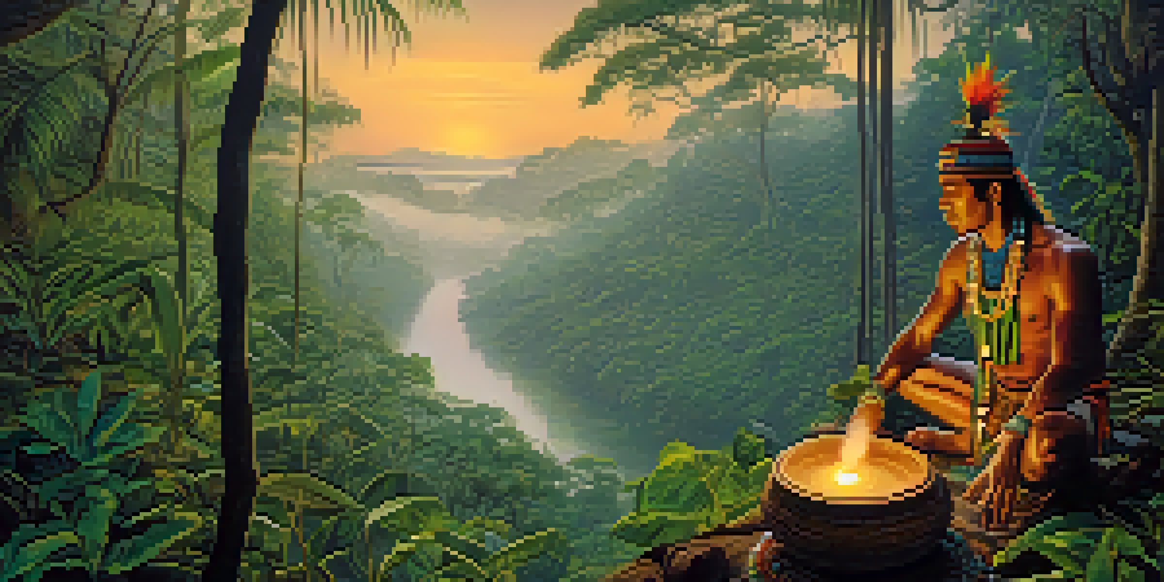 A traditional shaman in a colorful outfit prepares Ayahuasca in a wooden bowl amidst a misty Amazon rainforest at dusk.