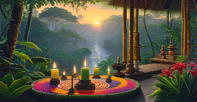 A tranquil Amazon rainforest at sunrise with a ceremonial altar featuring flowers and candles.