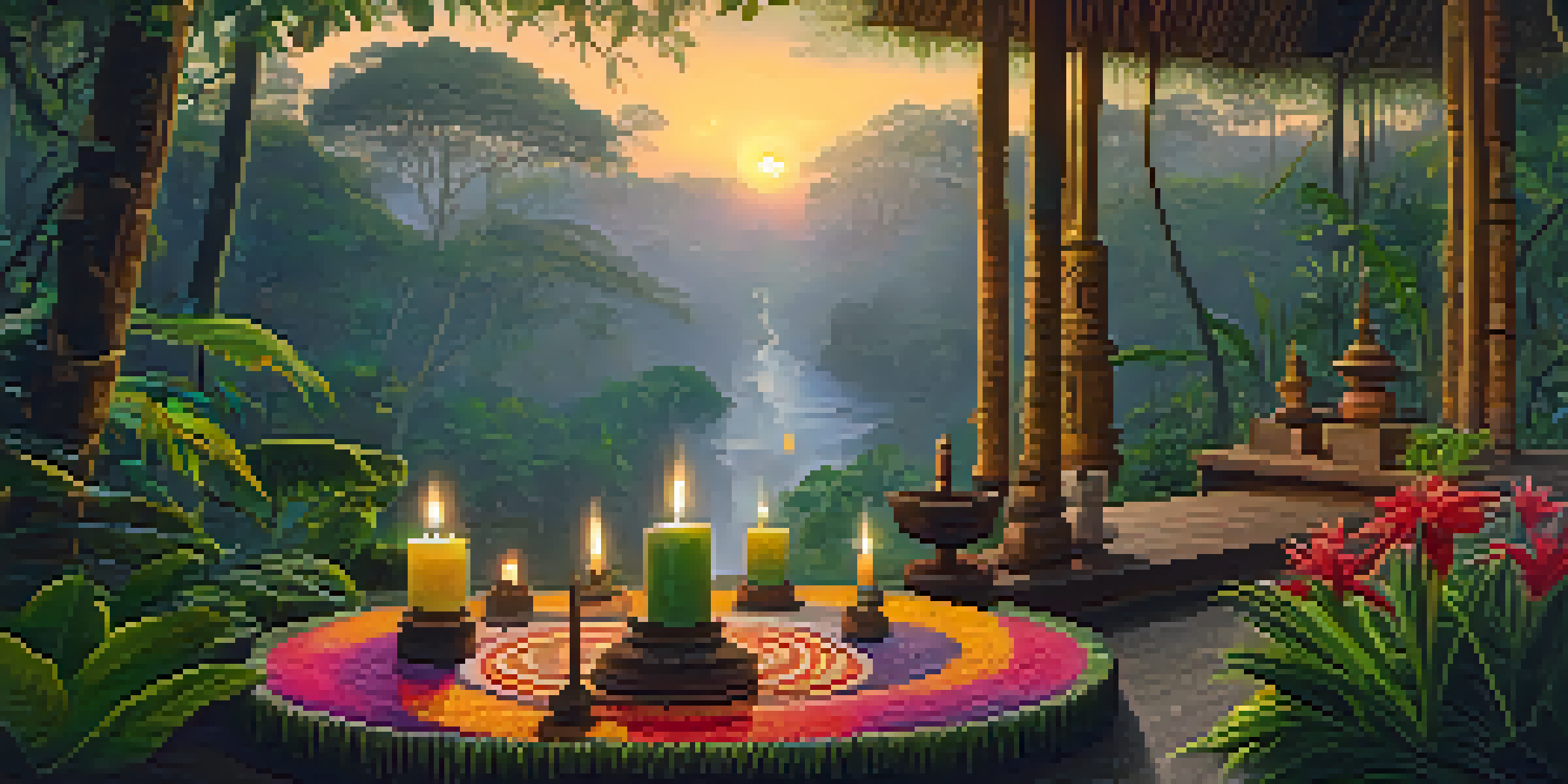 A tranquil Amazon rainforest at sunrise with a ceremonial altar featuring flowers and candles.
