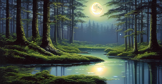 A peaceful nighttime forest with moonlight shining through trees and a misty pond reflecting the stars.