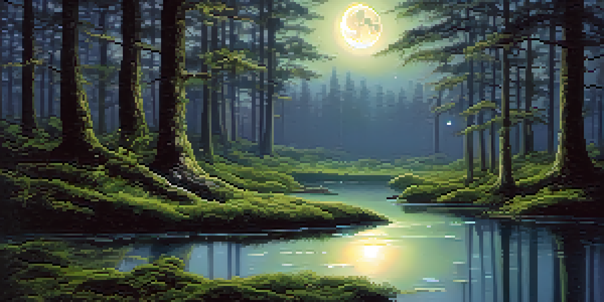 A peaceful nighttime forest with moonlight shining through trees and a misty pond reflecting the stars.