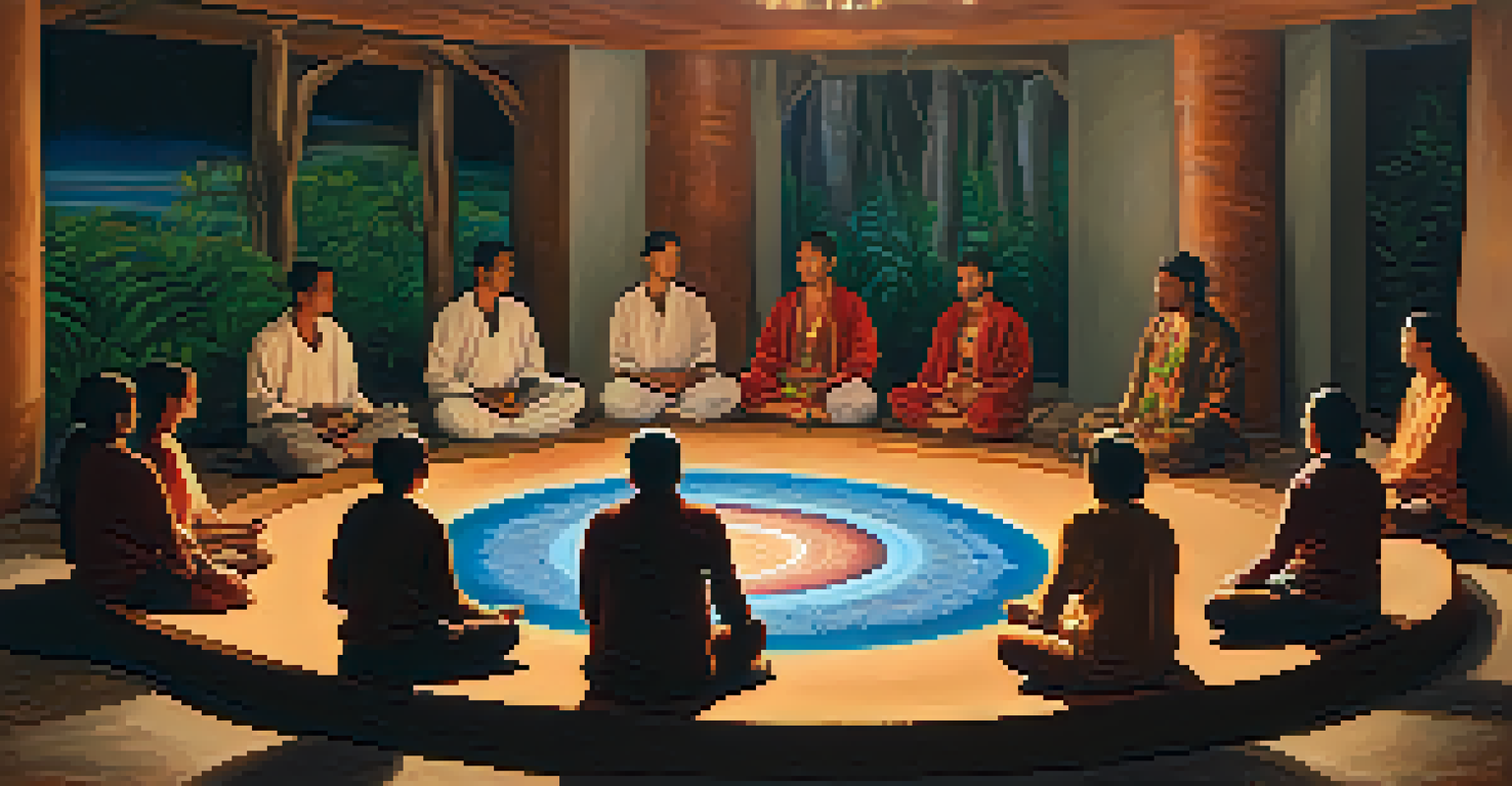 An urban ayahuasca ceremony with participants in meditation, surrounded by candles and indigenous art, with a ceremonial bowl of ayahuasca in the center.
