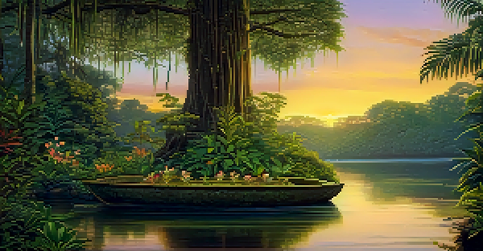 A peaceful Amazon rainforest scene at dusk, with a river reflecting the sunset and a shamanic altar surrounded by native plants.