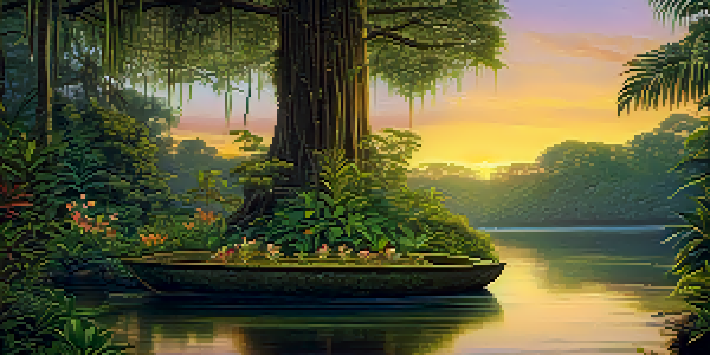 A peaceful Amazon rainforest scene at dusk, with a river reflecting the sunset and a shamanic altar surrounded by native plants.