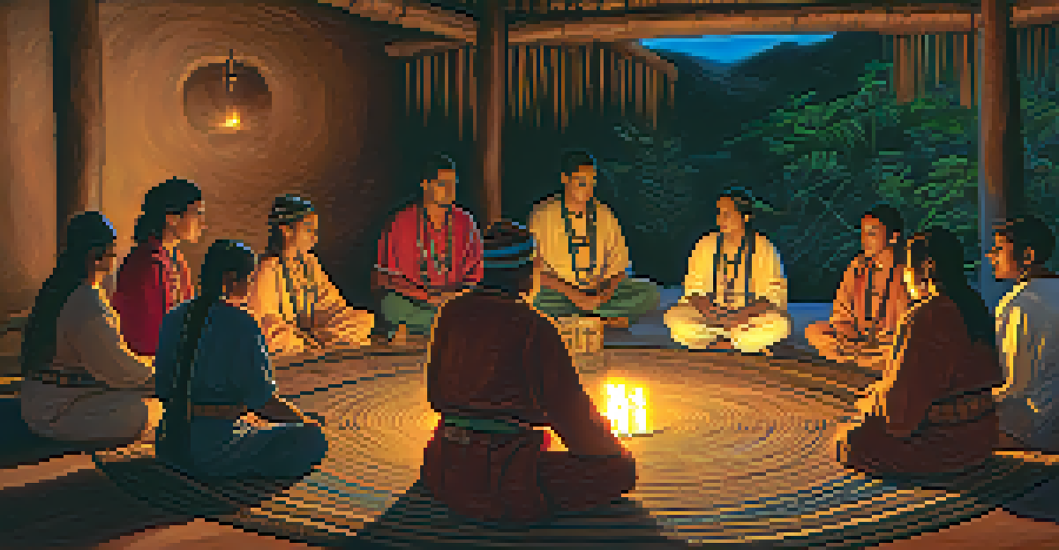 An Ayahuasca ceremony with participants in a circle, guided by a shaman with candles around.