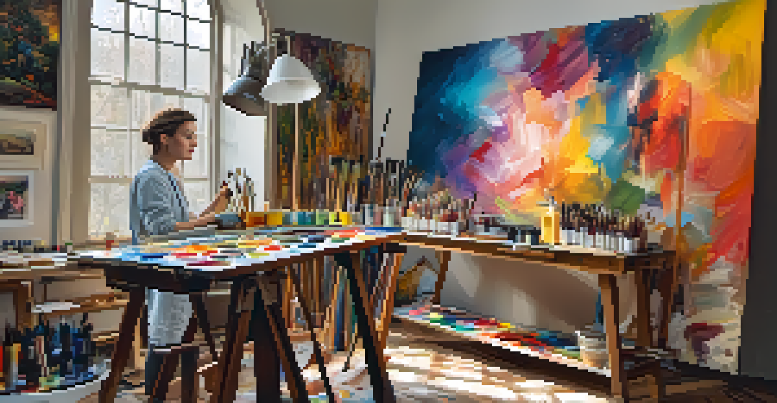 An artist's studio with a painter working on an abstract canvas surrounded by colorful art supplies.