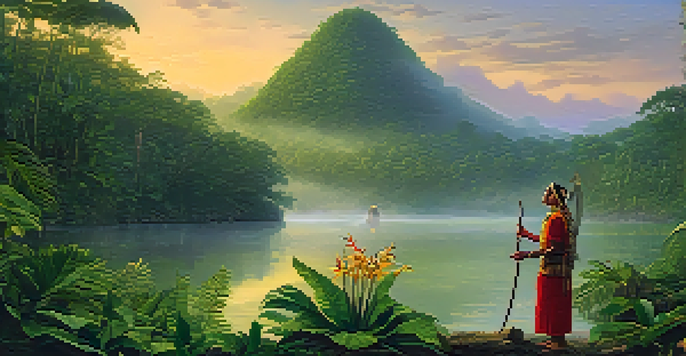 A peaceful Amazon rainforest at dawn with mist, a river, and a shaman performing a ritual.