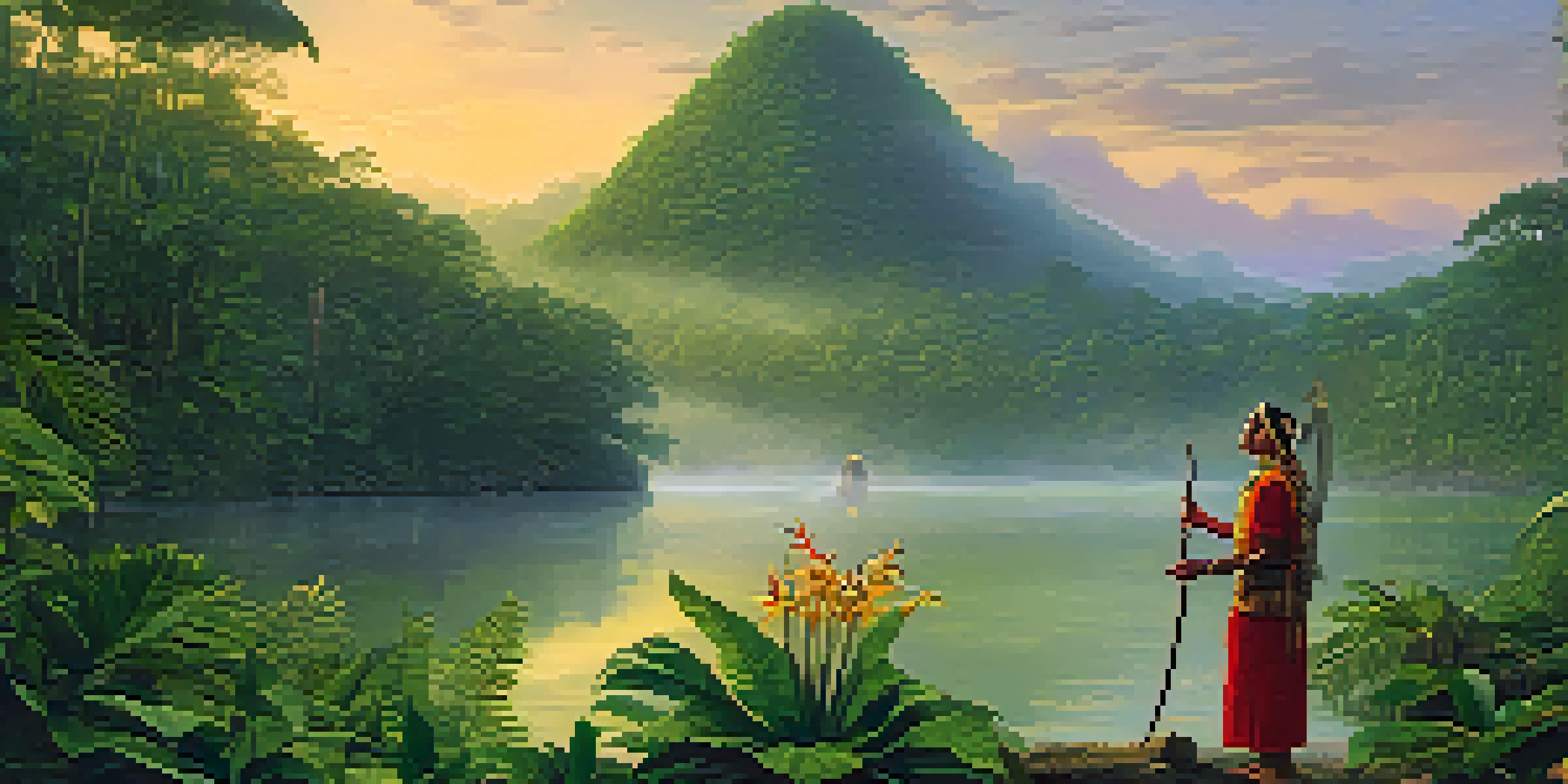 A peaceful Amazon rainforest at dawn with mist, a river, and a shaman performing a ritual.
