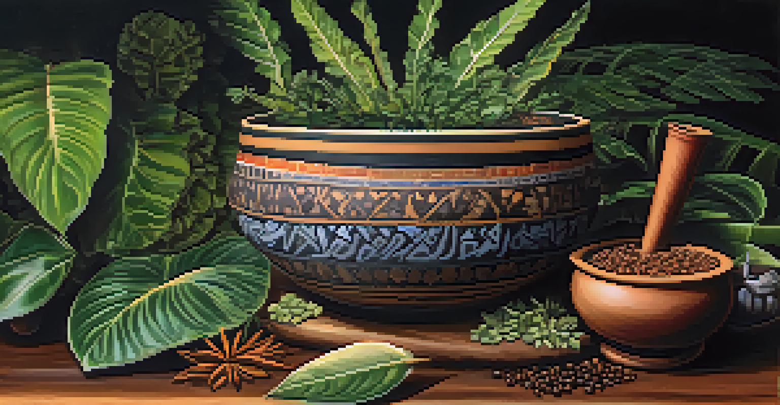 A close-up of a traditional Ayahuasca brew in a ceramic bowl surrounded by Amazonian plants, showcasing the rich liquid and textures.