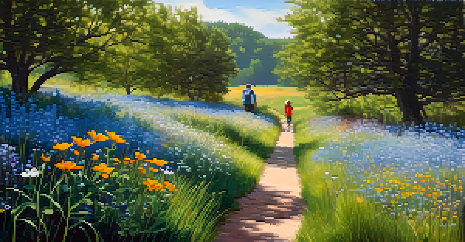 A person walking along a flower-lined trail, enjoying nature and reflecting, with a clear blue sky above.