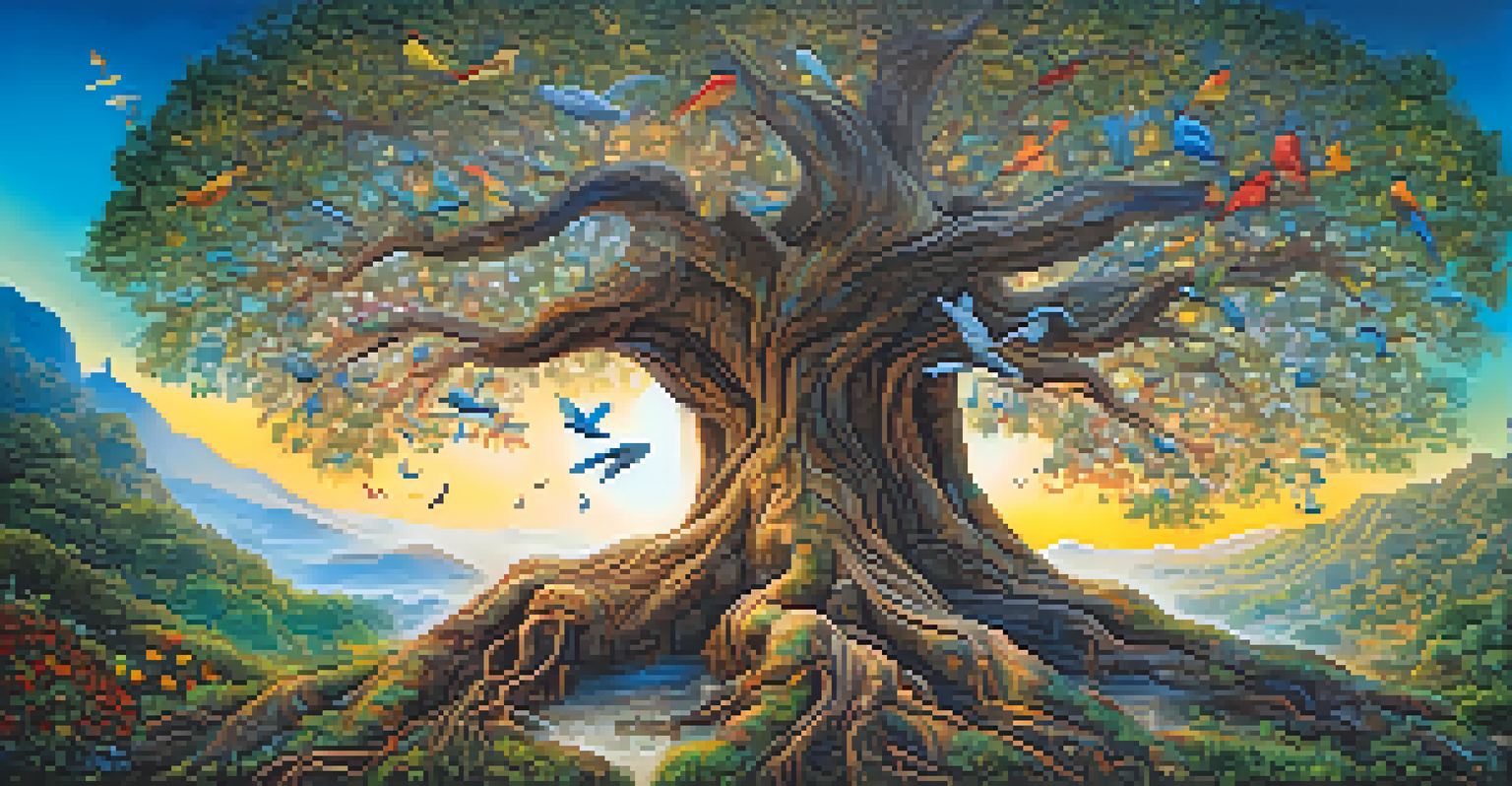 An artistic depiction of a large ancient tree with roots intertwining with human hands, surrounded by colorful birds and butterflies, illuminated by soft light.