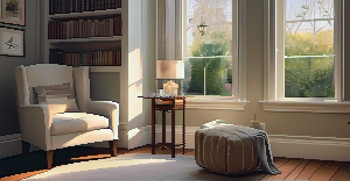 A cozy corner with a chair, a candle on a table, a journal, and a view of a garden outside.