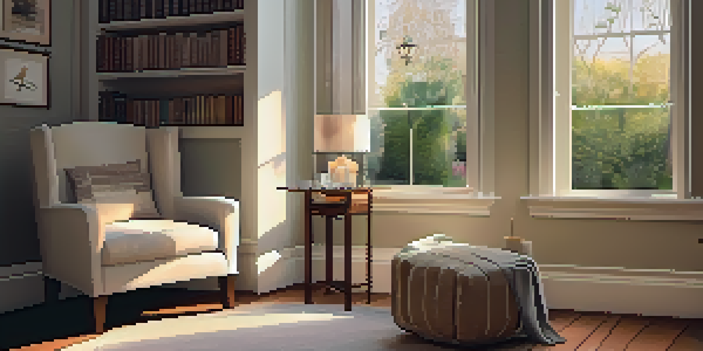 A cozy corner with a chair, a candle on a table, a journal, and a view of a garden outside.