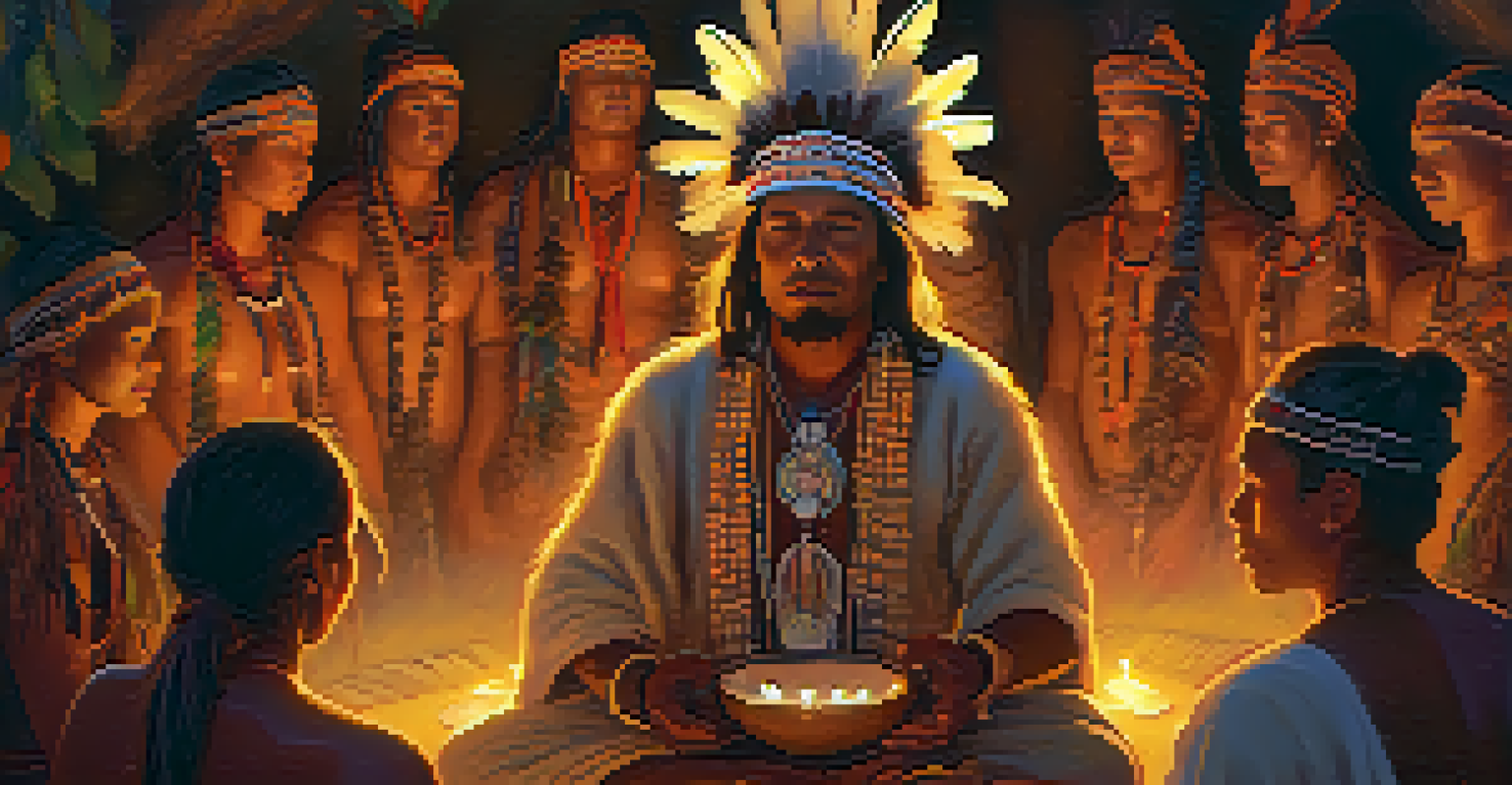 An indigenous shaman in traditional clothing holding a bowl, surrounded by people in a ceremonial circle with warm candlelight.