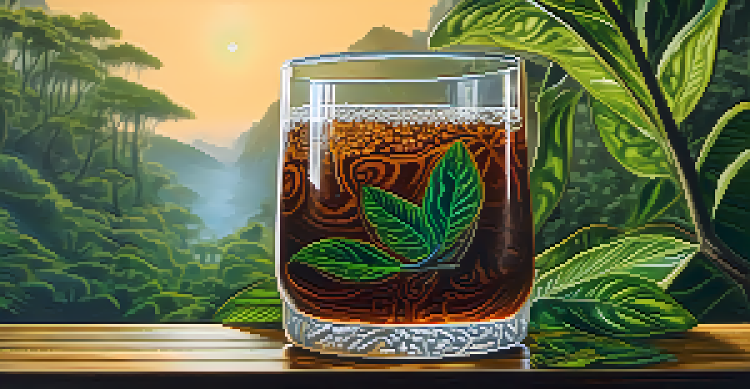 A close-up of a glass of Ayahuasca brew on a wooden table, showcasing its rich brown color and natural surroundings.