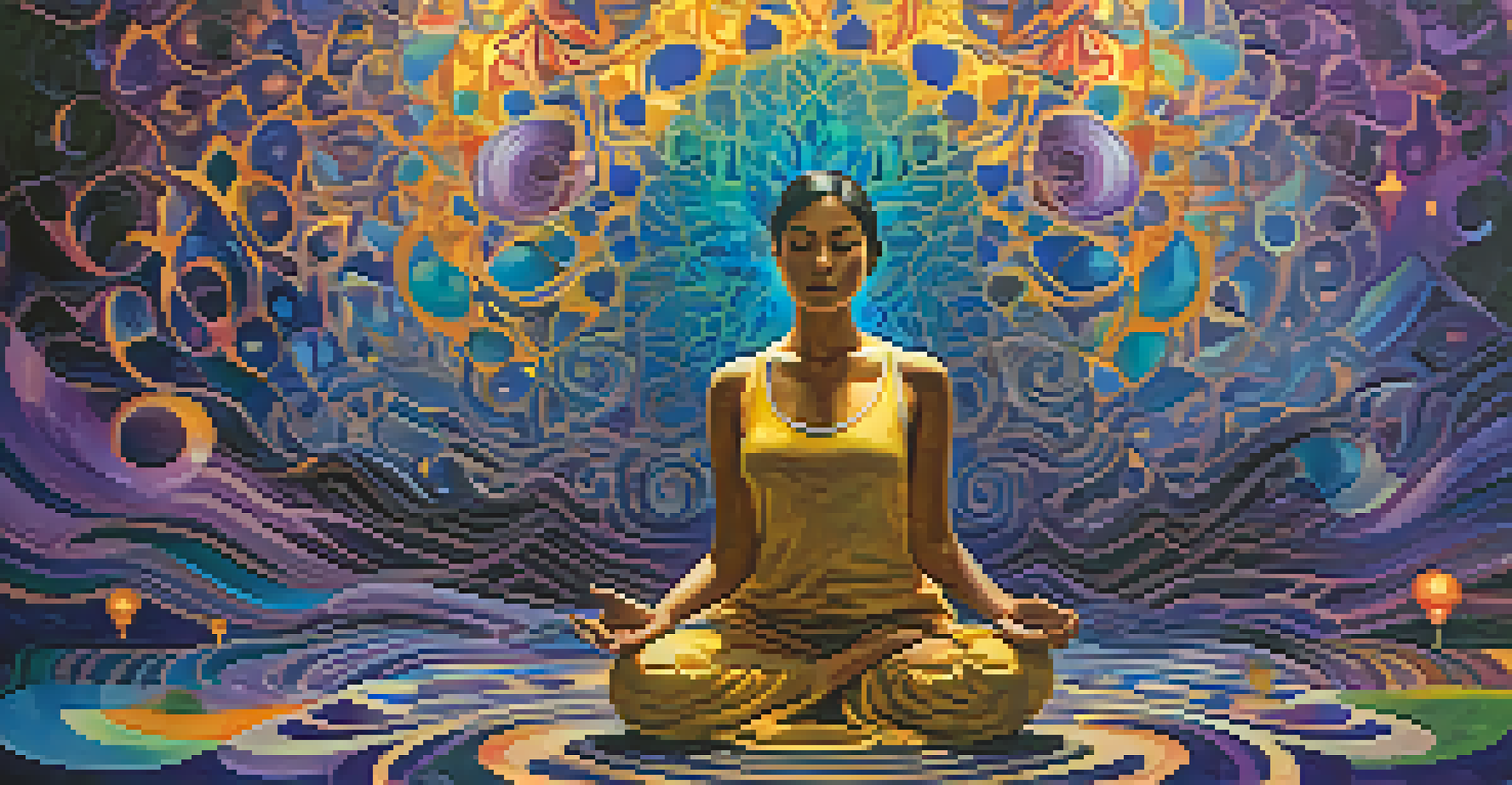 A person meditating amidst swirling vibrant colors and abstract shapes, symbolizing altered states of consciousness, set against a deep blue and purple background.