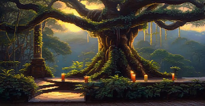 A tranquil Amazonian landscape at dusk with a draping vine, soft golden light, and a rustic wooden altar.