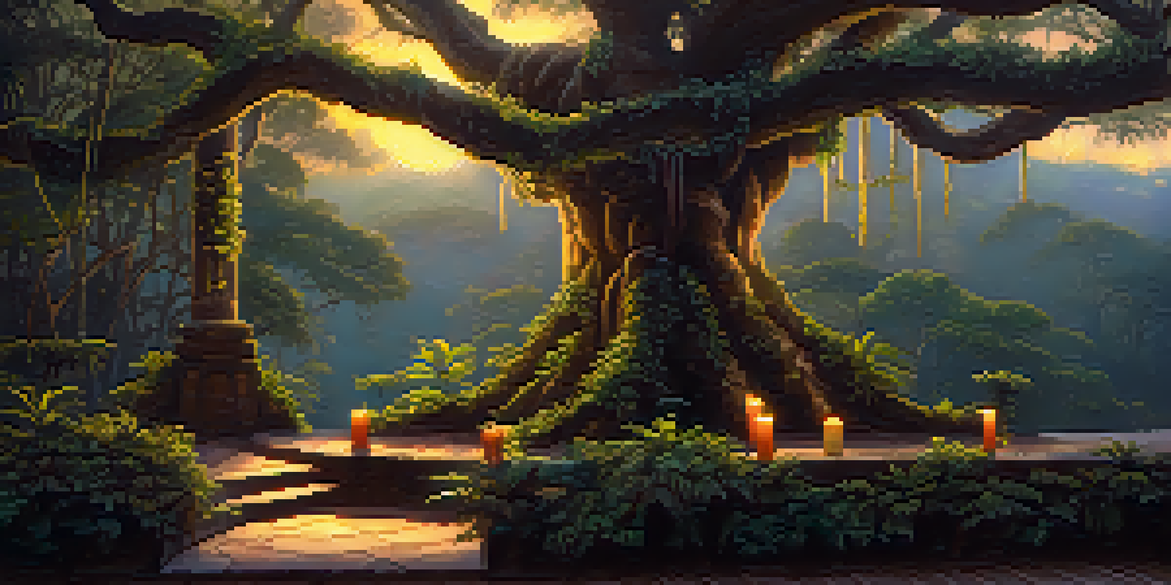 A tranquil Amazonian landscape at dusk with a draping vine, soft golden light, and a rustic wooden altar.