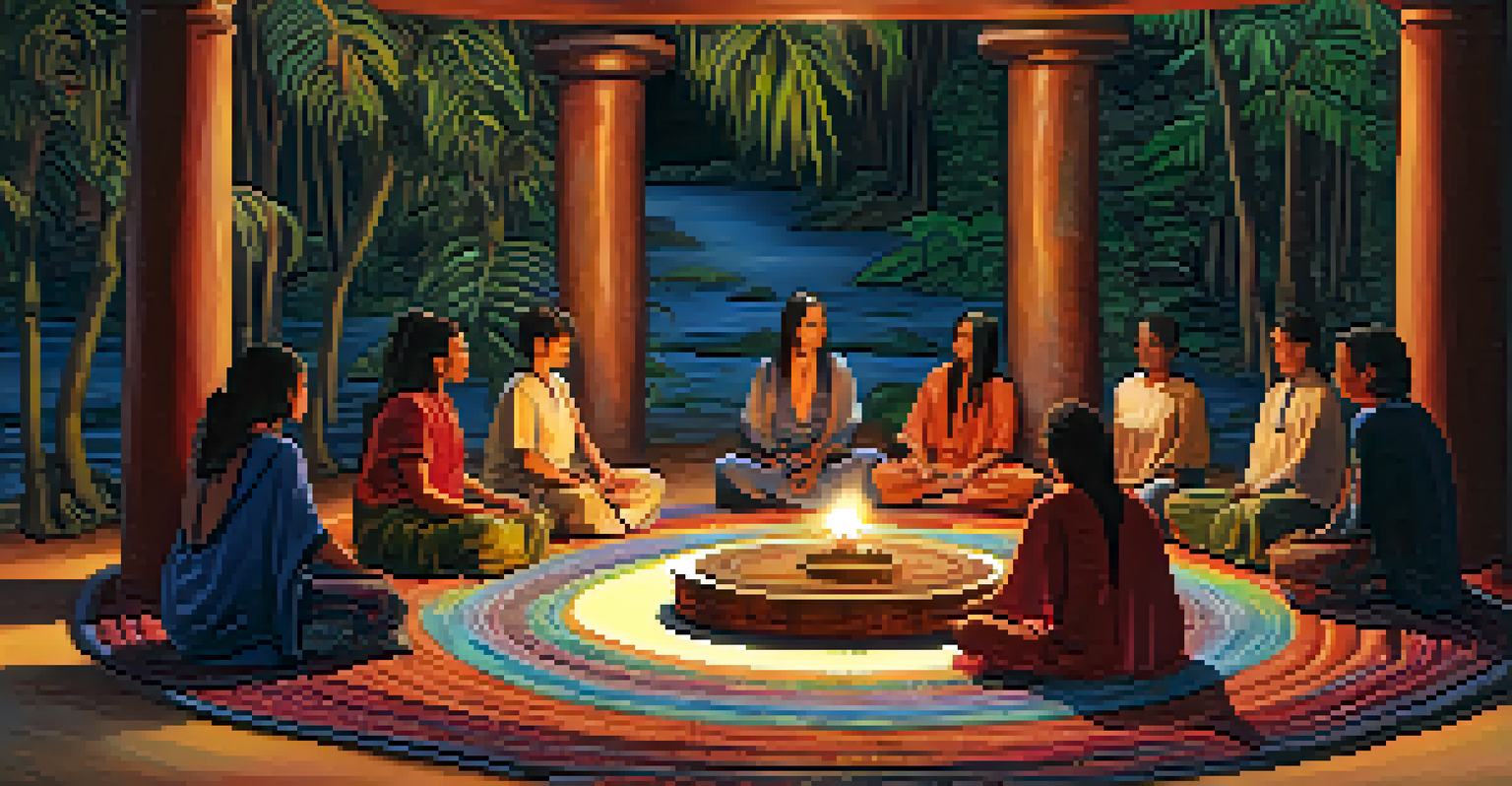 An Ayahuasca ceremony in a softly lit room with participants seated on mats, surrounded by candles and spiritual decorations.