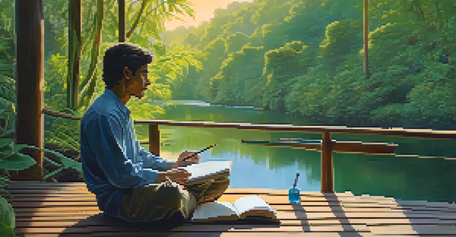 A participant sitting on a wooden deck by a river, contemplating during an ayahuasca retreat, with a journal beside them.