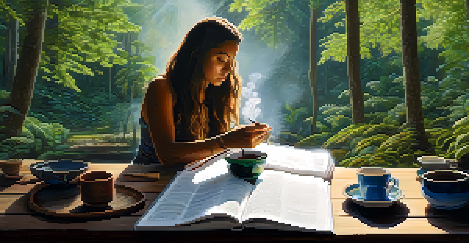 A close-up of someone journaling outdoors after an Ayahuasca ceremony with a cup of herbal tea beside them.