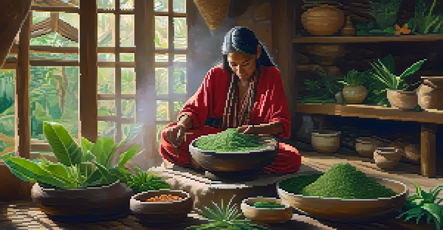 An indigenous healer mixing ayahuasca plants in a rustic setting, wearing traditional attire, with warm lighting illuminating the scene.