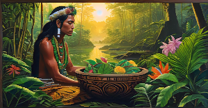 A traditional shaman in ceremonial attire preparing ayahuasca in a wooden bowl amidst a lush Amazon rainforest at dawn.