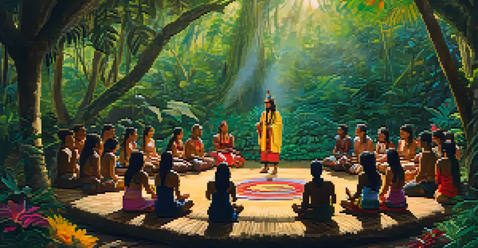 A tranquil scene depicting an Amazon rainforest ayahuasca ceremony with a shaman and participants seated in a circle, surrounded by lush greenery and soft sunlight.