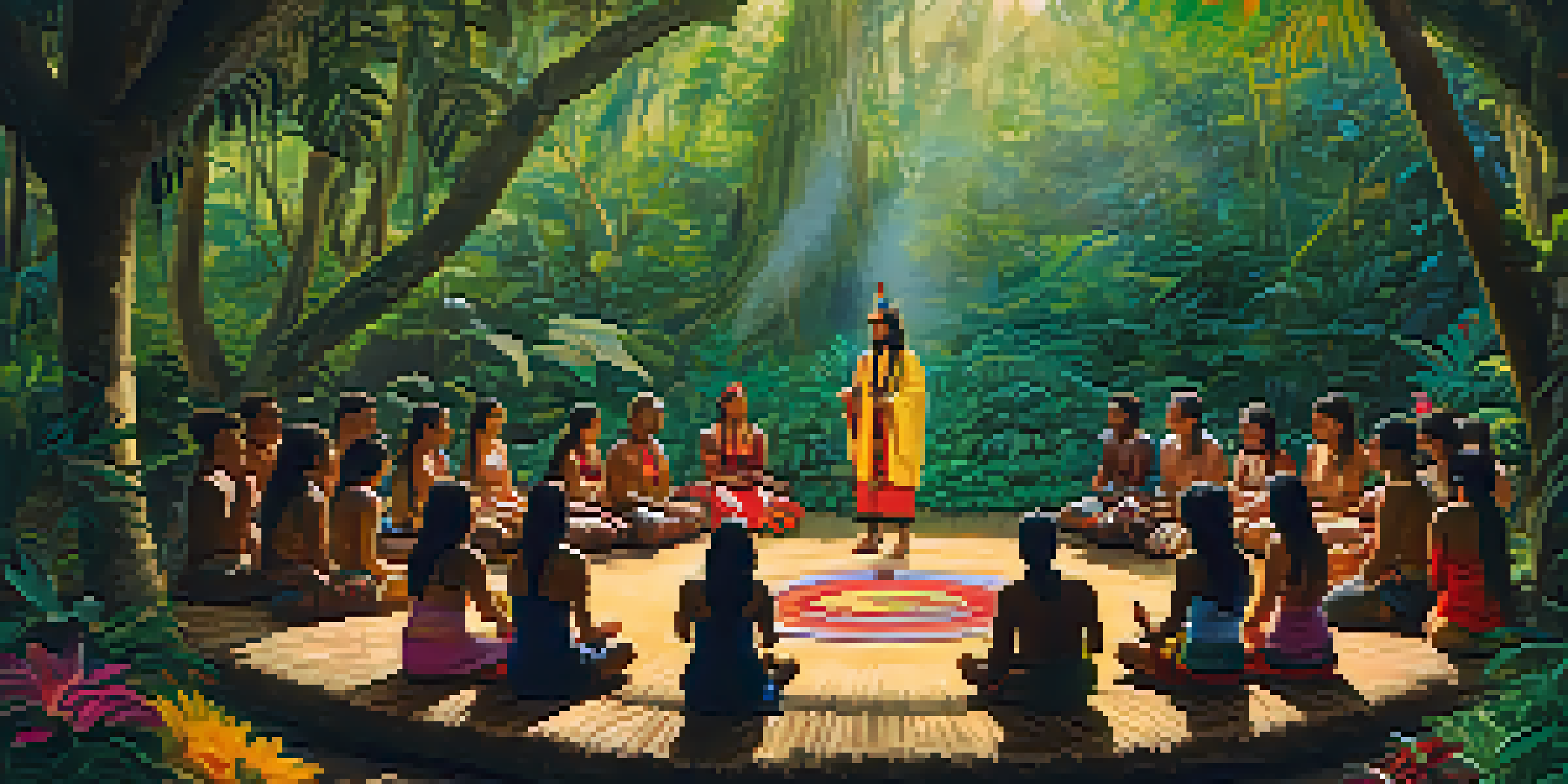 A tranquil scene depicting an Amazon rainforest ayahuasca ceremony with a shaman and participants seated in a circle, surrounded by lush greenery and soft sunlight.