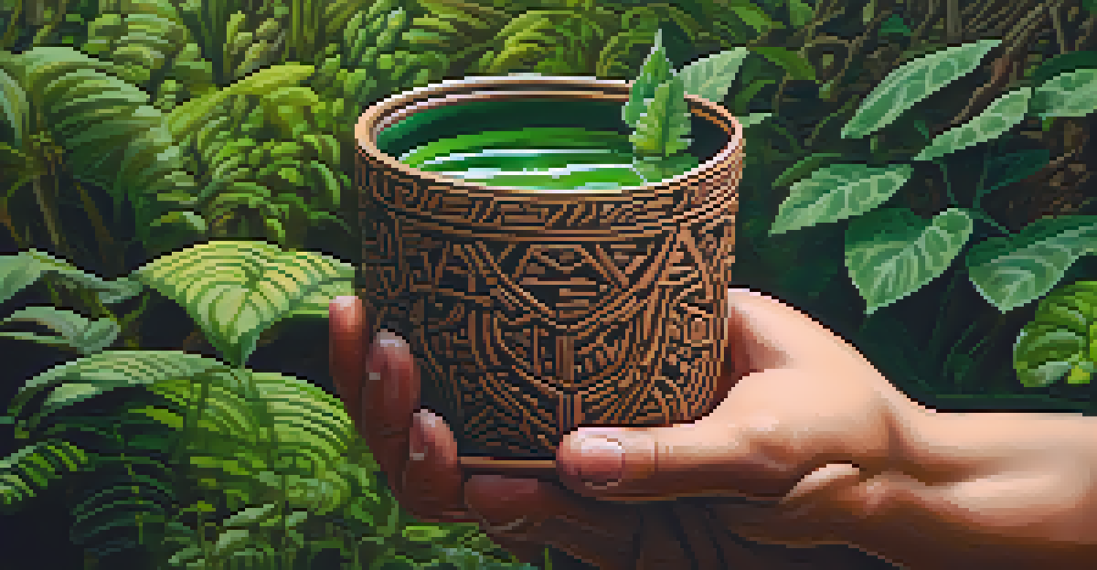 A close-up of a carved wooden cup filled with Ayahuasca brew, with blurred green foliage in the background.