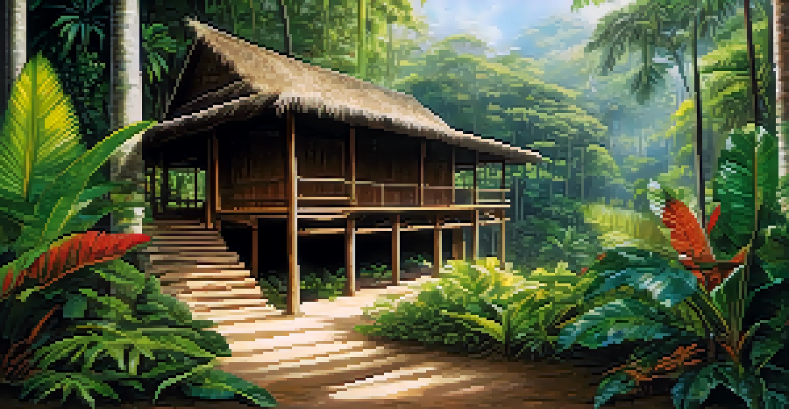 A rustic retreat center in the Amazon rainforest, surrounded by tropical plants, leading to a ceremonial space with Indigenous art.