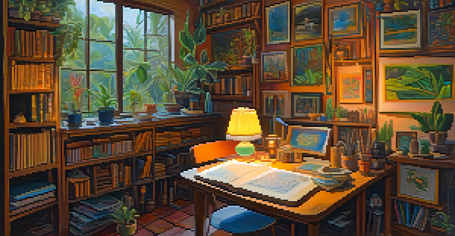 An artist's workspace adorned with poetry manuscripts and colorful paintings, illuminated by warm light, reflecting the creative influence of Ayahuasca.