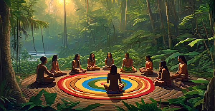 A tranquil scene of an Ayahuasca ceremony in the Amazon rainforest at dawn, with participants seated on colorful mats surrounded by lush greenery.