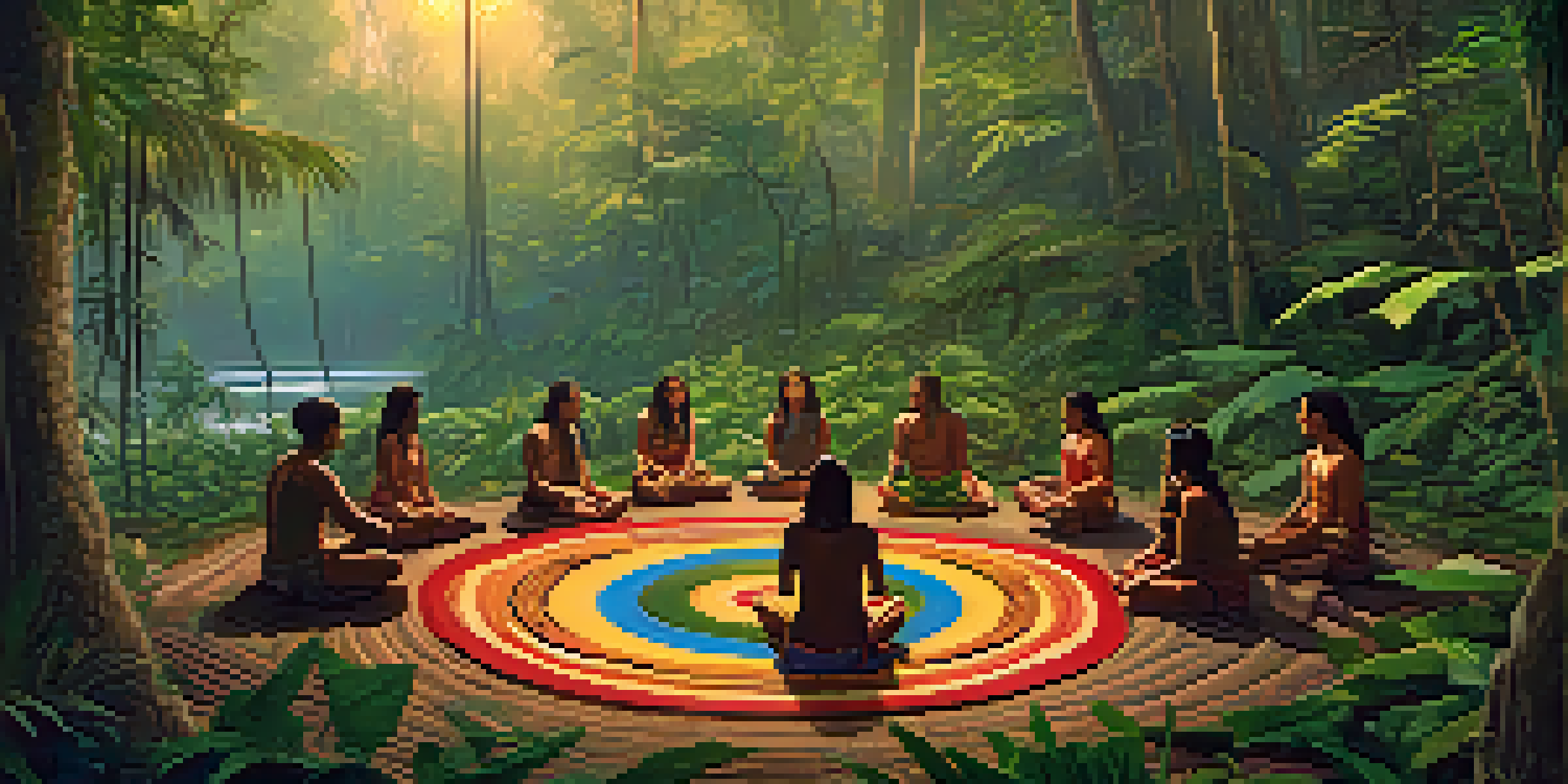 A tranquil scene of an Ayahuasca ceremony in the Amazon rainforest at dawn, with participants seated on colorful mats surrounded by lush greenery.