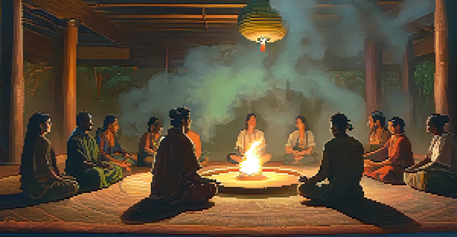 An intimate Ayahuasca ceremony with participants sitting in a circle under warm lighting and a shaman leading the experience.