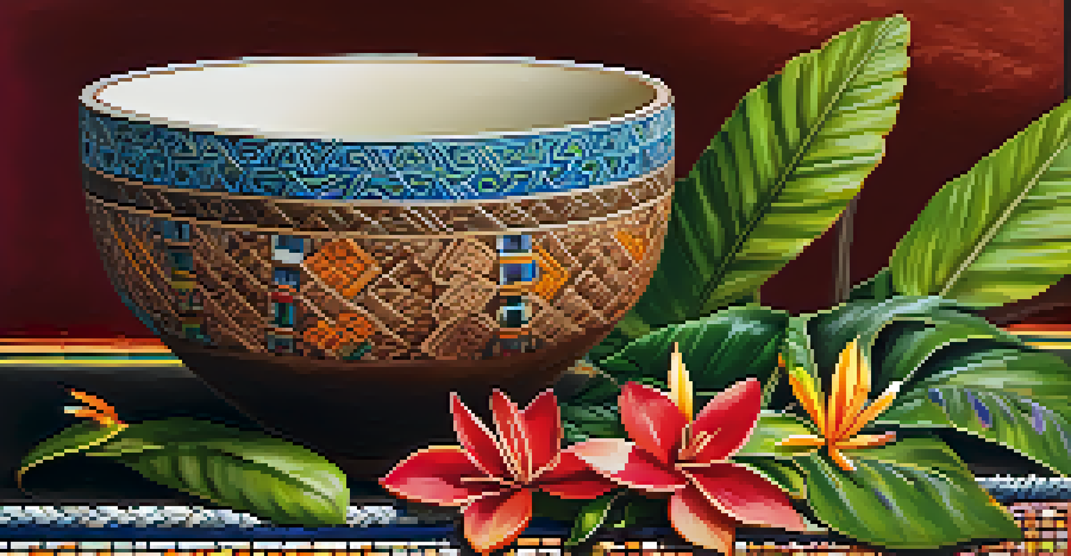 A close-up of a ceramic bowl filled with Ayahuasca brew, surrounded by tropical leaves and flowers, showcasing intricate patterns and natural textures.