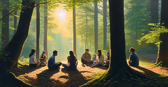 A peaceful forest scene at sunrise with people sitting in a circle, engaged in conversation amidst lush greenery and soft light.