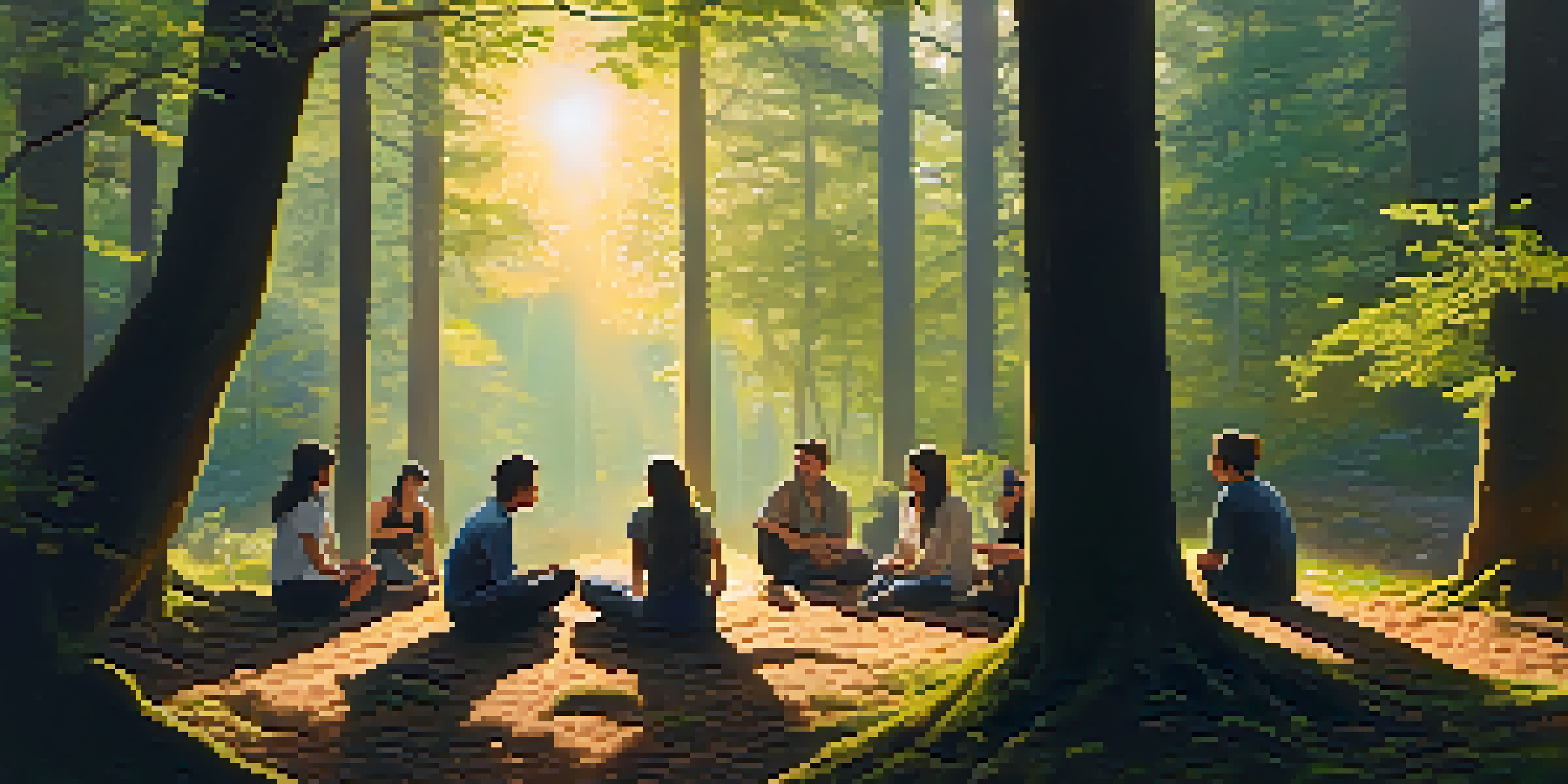 A peaceful forest scene at sunrise with people sitting in a circle, engaged in conversation amidst lush greenery and soft light.