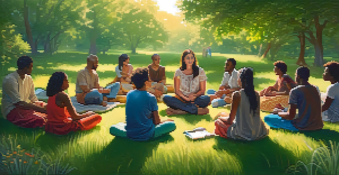 A group of people sitting in a circle on grass, sharing experiences in a warm and inviting environment.
