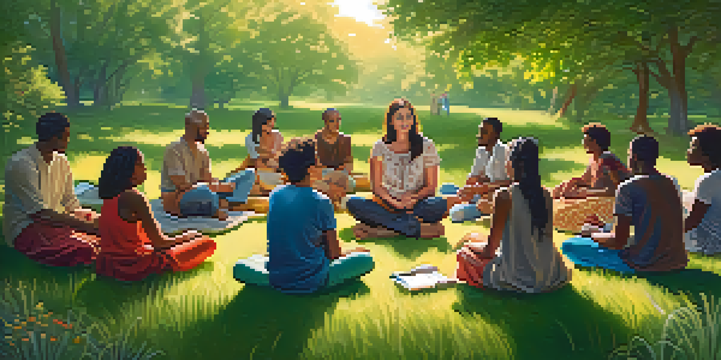 A group of people sitting in a circle on grass, sharing experiences in a warm and inviting environment.