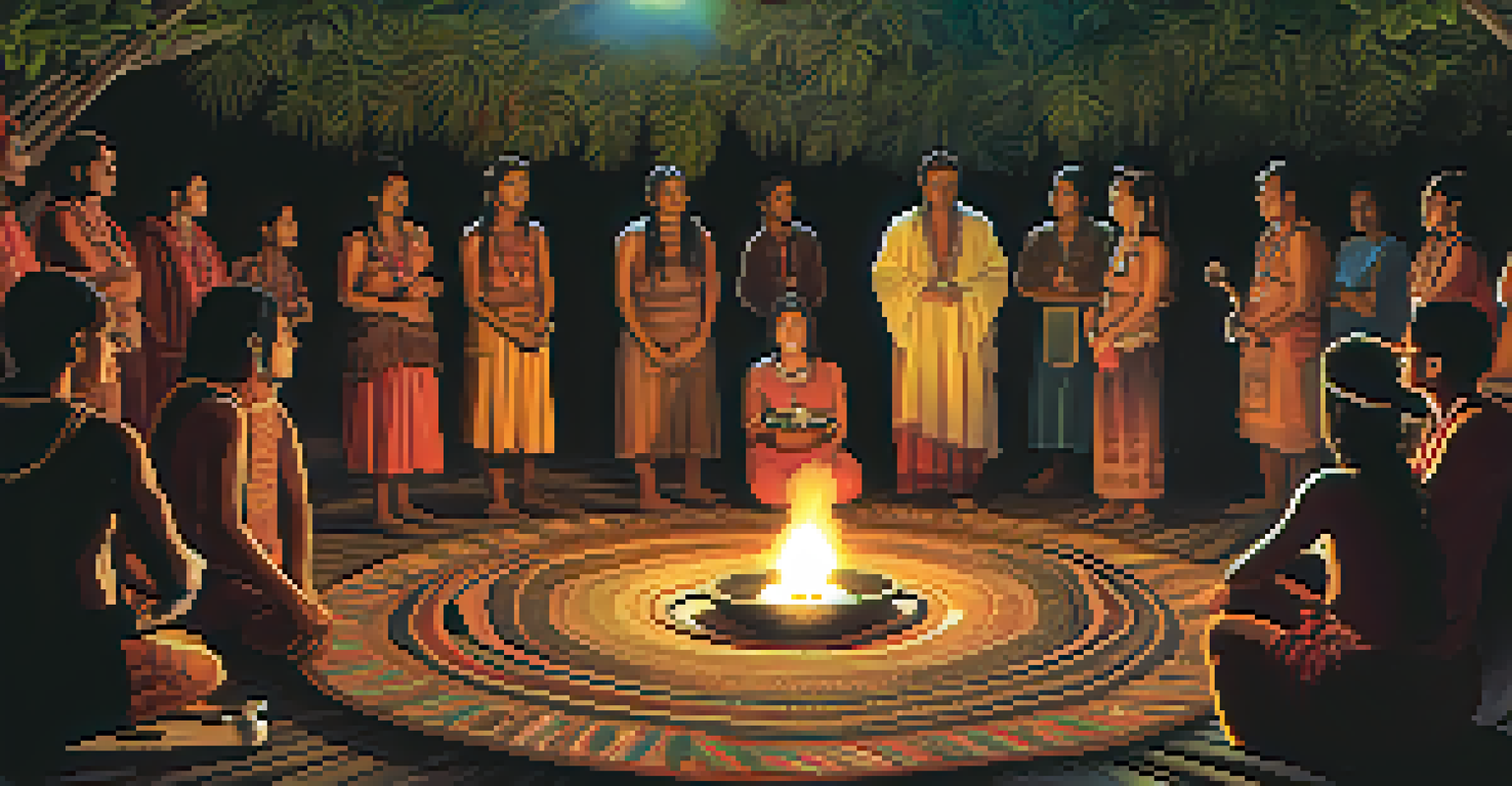 A gathering for an Ayahuasca ceremony in a dimly lit space with participants in a circle and a shaman at the center, creating a spiritual atmosphere.