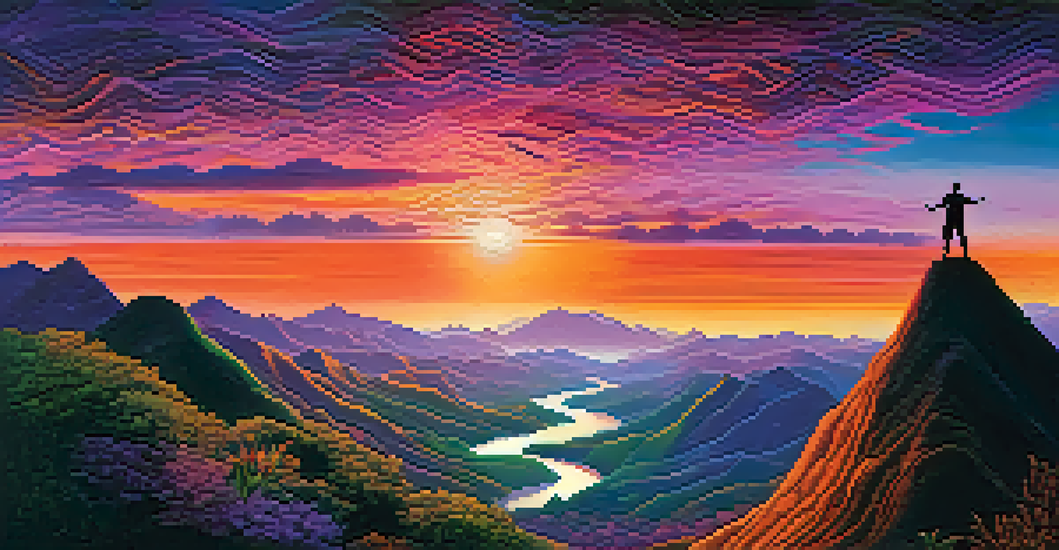 A silhouette of a person on a mountain peak at sunset, symbolizing the journey of self-discovery during an ayahuasca experience.