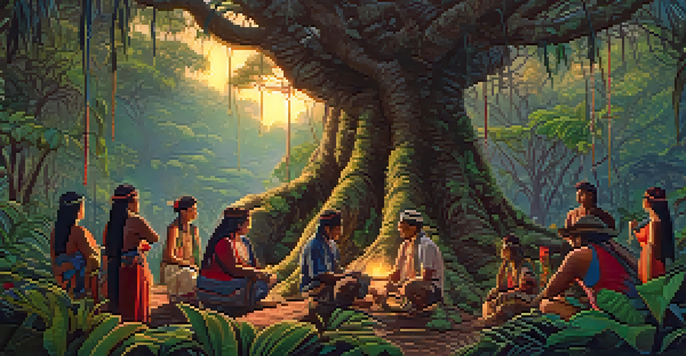 A tranquil jungle scene with the Banisteriopsis caapi vine, indigenous people in traditional clothing preparing for an Ayahuasca ceremony, and warm light filtering through the leaves.