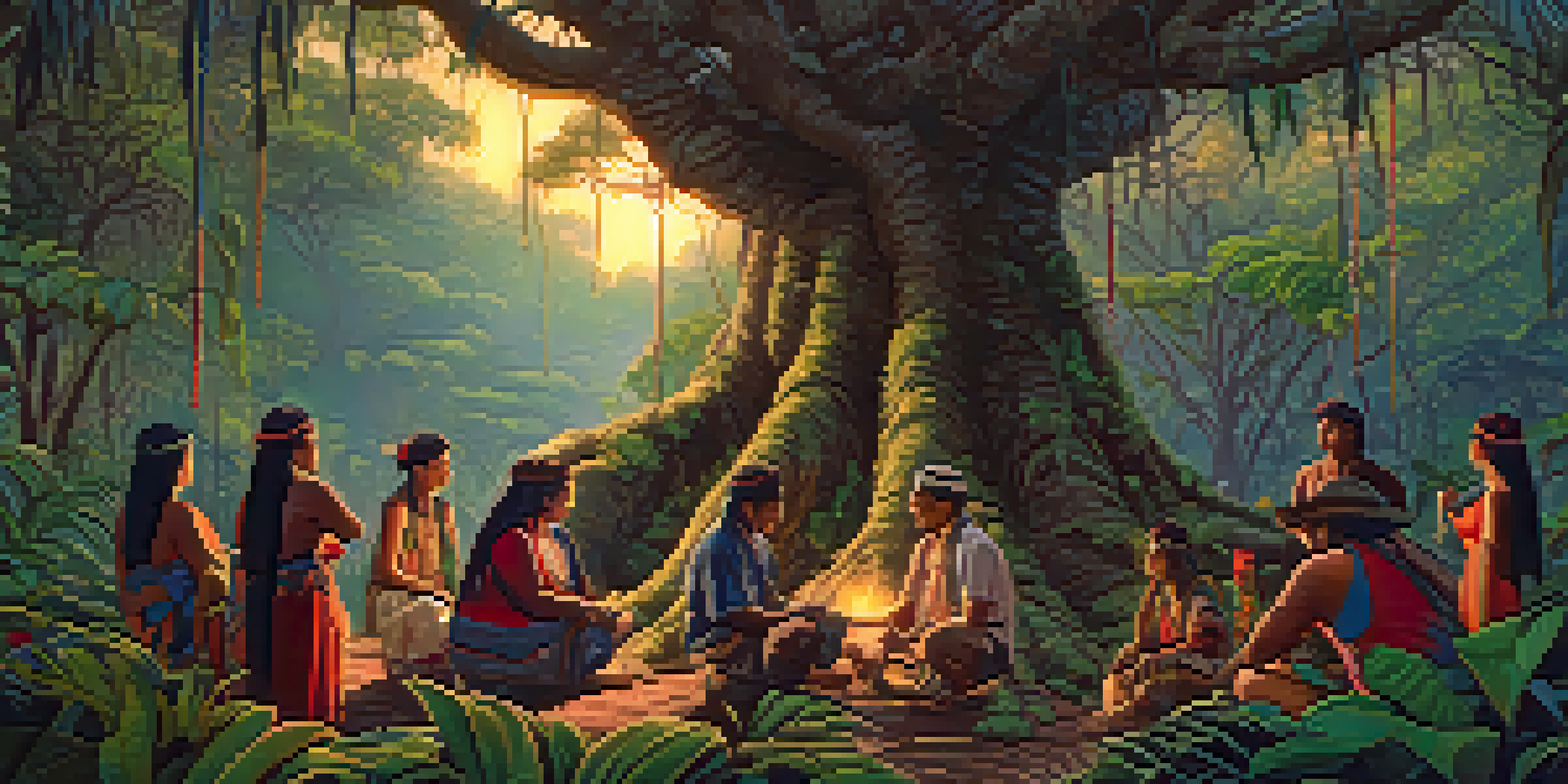 A tranquil jungle scene with the Banisteriopsis caapi vine, indigenous people in traditional clothing preparing for an Ayahuasca ceremony, and warm light filtering through the leaves.