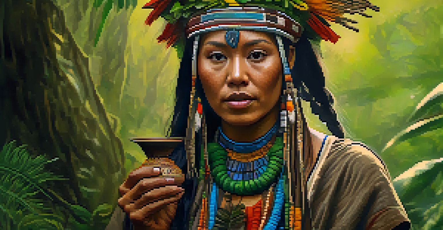 A close-up of a female shaman holding ayahuasca brew, surrounded by greenery, showcasing her calm and wise expression.